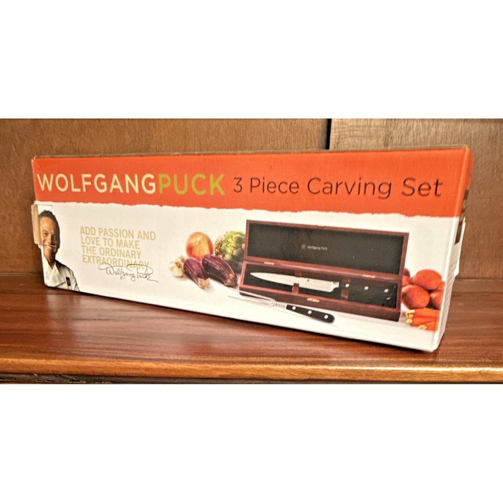 Wolfgang Puck 3-Piece Carving Set 8in Straight Edge Wood Handle Case WP-3PC-CS